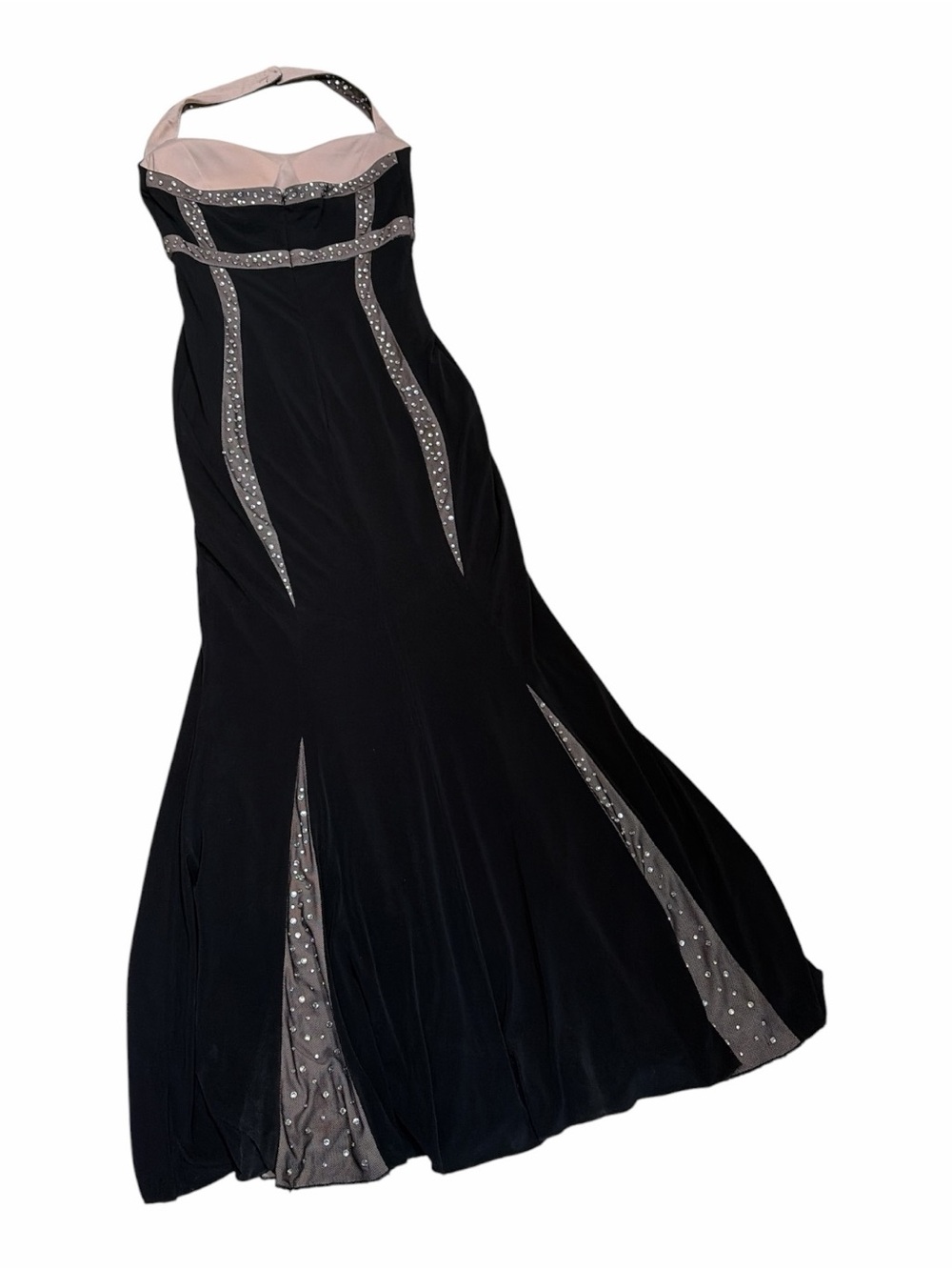 Jovani Black and Blush Asymmetrical Halter Evening Gown with Crystal Insets